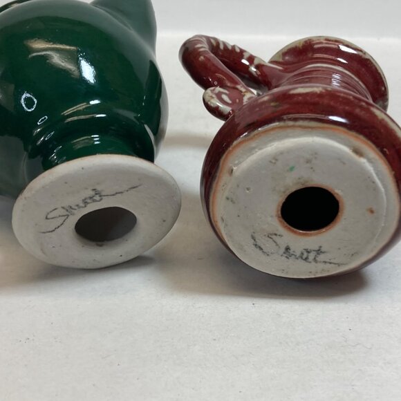 Handmade Ceramic Decorative Funky Teapots Green Maroon Signed Artisan Pottery - Picture 9 of 13